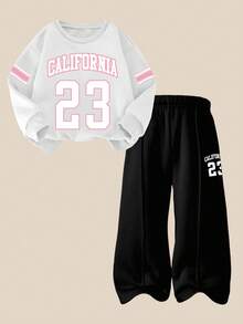 2pcs/Set Girls' Casual Fashion Fleece California 23 Graphic Long Sleeve Sweatshirt And Pants Set, Autumn/Winter