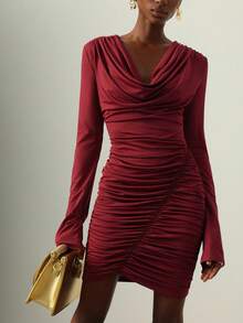 Vesra Rochie elegantă și sexy din tricot, cu mânecă lungă, retro, plisată, toamnă/iarnă, potrivită pentru mai multe ocazii - roșu - Vizualizare 5