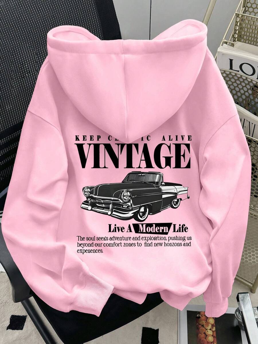 INAWLY 女士休闲标语汽车印花落肩长袖卫衣，秋冬款 - 粉色 - 查看 1