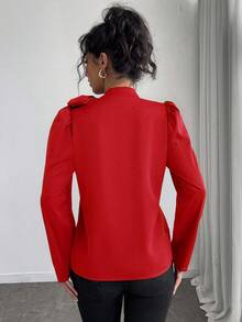 Rafferiza Áo cánh tay bồng cổ thắt nơ thanh lịch đa năng màu trơn dành cho nữ - Đỏ - Xem 2