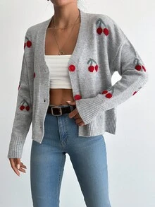 EURMUSE Cherry Pattern Cardigan, Casual Style, Spring/Fall Season - Light Grey - View 4