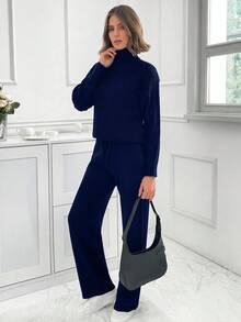 SHEIN PETITE Conjunto de suéter e calça de gola alta com manga caída