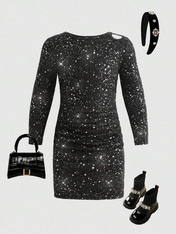 SHEIN Young Girls' Glitter Silver High Neck Puff Long Sleeve Dress,Elegant Black Dress For Autumn,Daily Wear,School,Christmas,Party,7th Birthday,Photography
