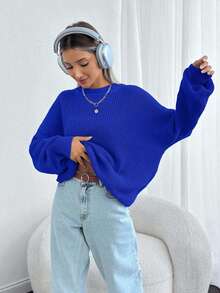 Women Solid Color Round Neck Drop Shoulder Chunky Pullover - Royal Blue - View 4