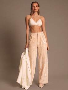 SHEIN Glamour Pantalones anchos de vestir con bolsillos con lentejuelas color albaricoque para mujer, pantalones elegantes y versátiles para la oficina, el trabajo y las citas, pantalones anchos para mujer, pantalones de traje para mujer - Albaricoque - Ver 7