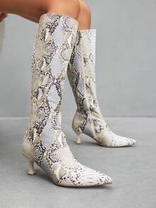 CUCCOO SZL 女士时尚尖头蛇皮图案简约优雅百搭侧拉链细高跟及膝靴 - 彩色 - 查看 3