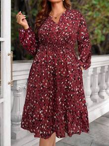 EMERY ROSE Plus Size Women's Burgundy V-Neck Allover Print Lantern Sleeve Dress, Autumn - Red - View 1