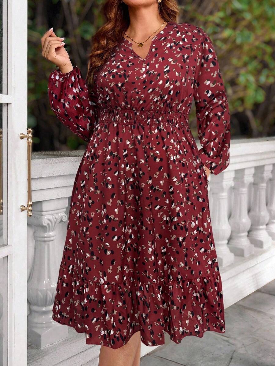 EMERY ROSE Plus Size Women's Burgundy V-Neck Allover Print Lantern Sleeve Dress, Autumn - Red - View 1