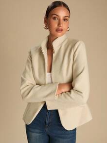 Enchnt 女式新款纯色立领长袖时尚优雅修身夹克 - 米色 - 查看 4