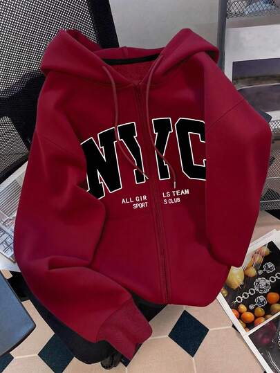 SHEIN 女士连帽卫衣，心形刺绣拉链夹克，适合教师、返校、毕业、日常穿着、冬季外套，时尚百搭