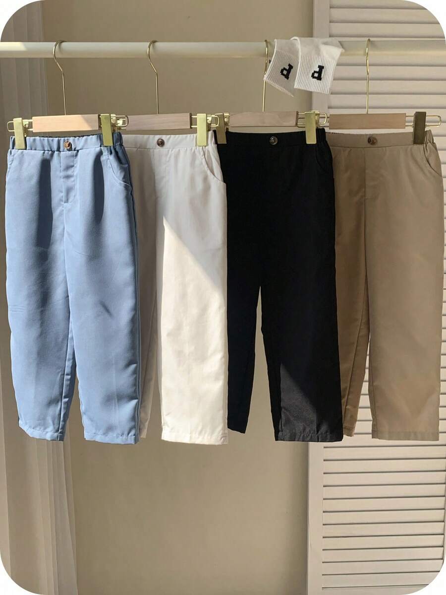 SHEIN LMoss 儿童 4 件套年轻男孩休闲学院风纯色纽扣和口袋设计宽松舒适长裤,适合户外、度假、派对、学校、家居穿着,适合春夏季 - 彩色 - 查看 1