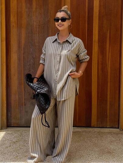 DAZY Women's Casual Commuter Striped Shirt And Pants 2 Pieces Set Lounge Sets For Women