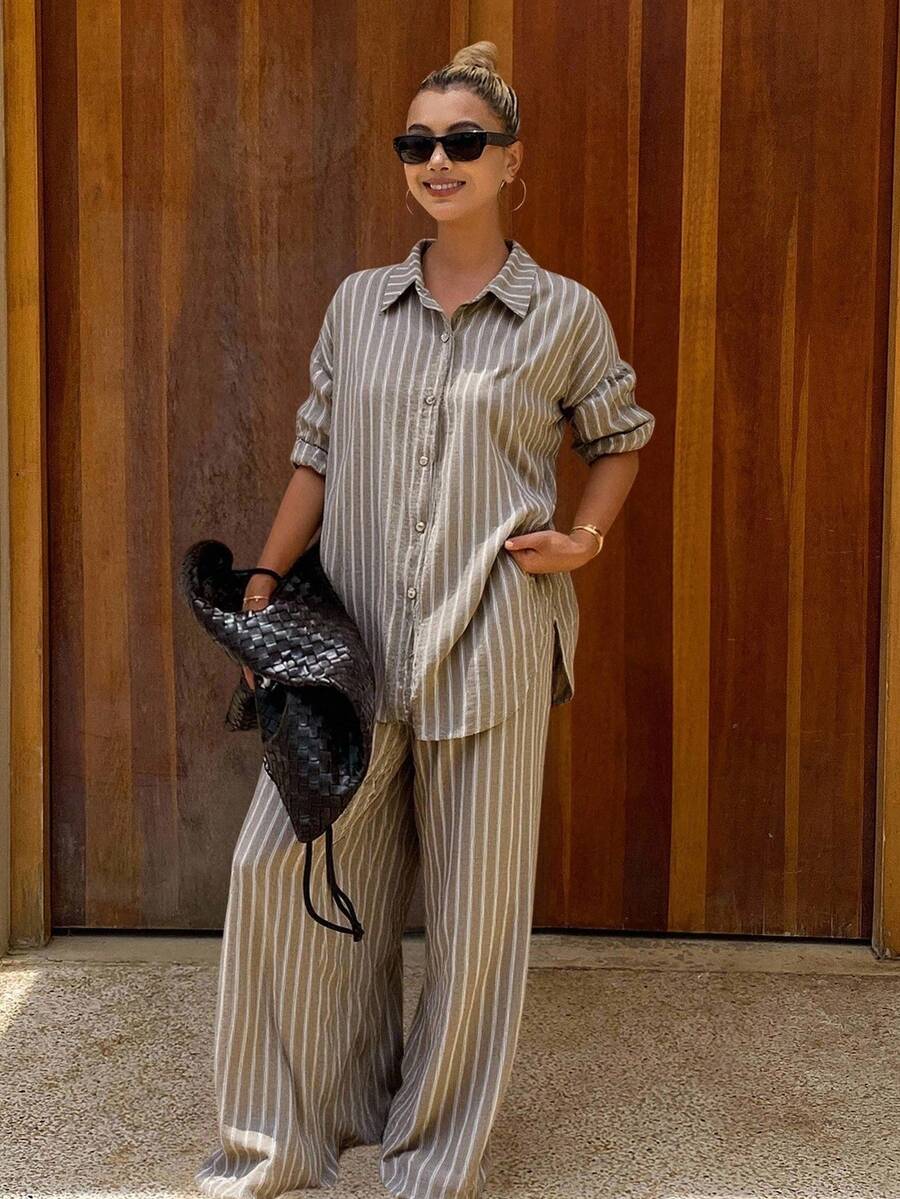 DAZY Bộ đồ mặc nhà thoải mái dành cho nữ, gồm áo sơ mi và quần kẻ sọc, gồm 2 món. - màu nâu - Xem 1