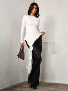 Islaluna Blusa de manga larga con cuello redondo elegante de punto, con adornos de strass y volante asimétrico en el bajo para mujer