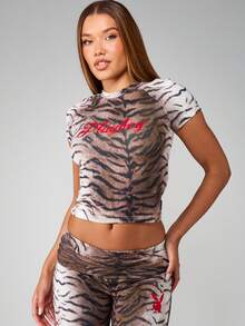 Missguided x Playboy Tiger Print Fitted Crop T Shirt Animal Pattern All Over Print Fierce Wild Print Soft Jersey Fall Winter - Multicolor - View 2