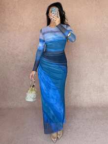 Islaluna Women Ombre Print Crew Neck Long Sleeve Dress Maxi Women Outfit - Multicolor - View 5