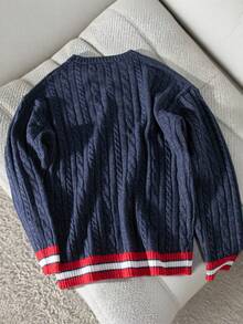 Claim Dot Jersey de punto de cable con ribete de rayas de contraste estilo universitario casual para hombre, otoño/invierno - Azul Marino - Ver 2