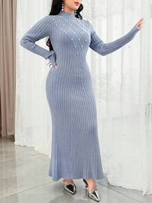 Feyla Damen Einfarbiges Kleid mit Stehkragen, Langarm, Künstliche Perlen Dekor, Figurbetont, Elegant, Gestrickt, Herbst/Winter - Blau - Übersicht 6