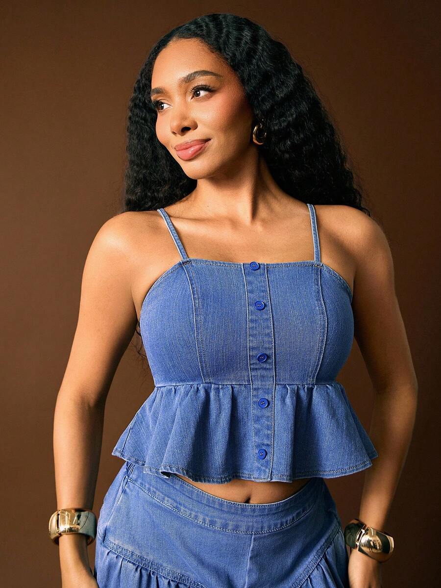 Vixey Casual Ruffle Peplum Hem Cami Strap Zip Up Back Stretch Denim Top
