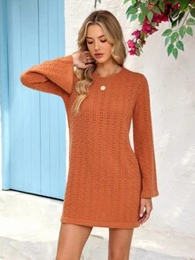 Vivid Eden Women's Casual Solid Color Bell Sleeve Knit Dress Autumn Winter Clothes For Women - Rust Brown - View 3