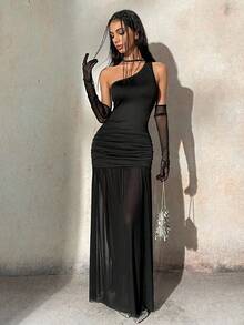 Ardnt Y2K Winter Fall Halloween Party Cosplay Costume Gothic Punk American Baddie Style One-Shoulder Asymmetric Design Halter Neck Ruched Waist Mesh Patchwork Bodycon Women Long Dress