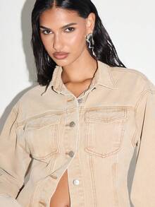 KIZN Classic Fitted Light Denim Jacket Western Style Button Front Trucker Casual Fashion Outerwear Long Sleeve Autumn Spring Everyday Wear - Apricot - View 5