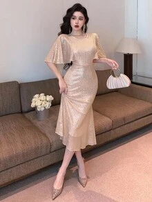 DAZY Elegant Sequin Ruffle Sleeve Round Neck Mermaid Midi Dress For Women Prom Dress Summer Women Dresses Sparkly Dress - Apricot - View 7