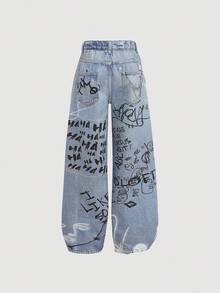 SHEIN Girlism Quần jeans ống rộng dáng suông phong cách Y2K cho bé gái, màu sáng, in chữ graffiti, có túi, kiểu dáng thường ngày, quần jeans ống rộng thoải mái, quần jeans thường ngày mùa thu đông, quần jeans rộng thùng thình cho bé gái, quần jeans sân bay, quần ống rộng, thời trang đường phố, quần jeans ngộ nghĩnh, quần jeans đi học, quần jeans dự tiệc sang trọng, quần jeans Giáng sinh. - Rửa trung bình - Xem 2