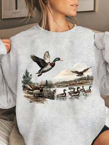 EMERY ROSE 女士休闲宽松圆领长袖运动衫，鸭子动物图案印花，秋冬装 - 淺灰色 - 查看 3