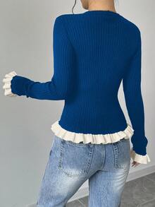 Elenzga Ruffle Trim Contrast Color Knit Cardigan - Teal Blue - View 2