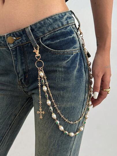 Fairycore 1pc Punk Style Cross Chain Waist Belt, Multi-Layer Iron Alloy Chain Body Chain, Women Personalized Charm Pants Chain, For Pants Decoration, Casual, Music Festival, Party Accessory