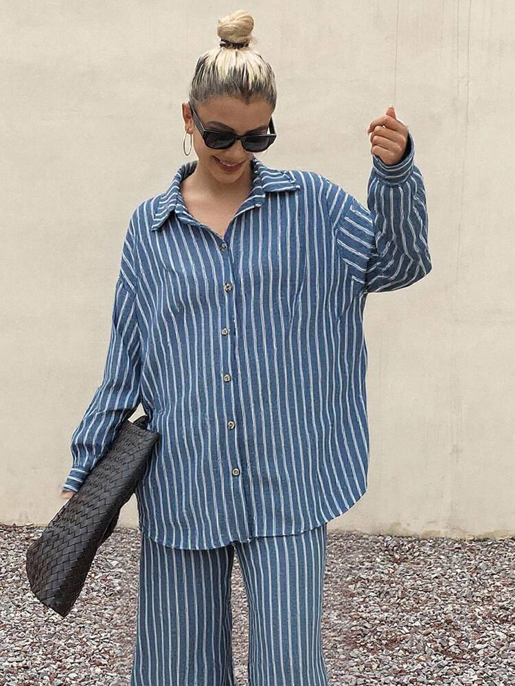 Women's Striped Drop Shoulder Long Sleeve Single-Breasted Shirt And Pants Casual 2 Pieces Set Lounge Sets For Women
