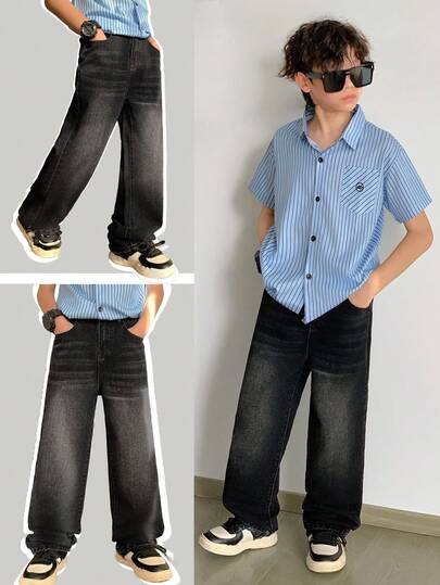 SHEIN 青少年男孩时尚休闲 Y2K 复古酷炫街头返校学院风基本款简约黑色宽松牛仔裤，适合青少年男孩日常穿着，柔软舒适，也适合儿童秋冬季派对、节日和街头服饰，以及校园服装。