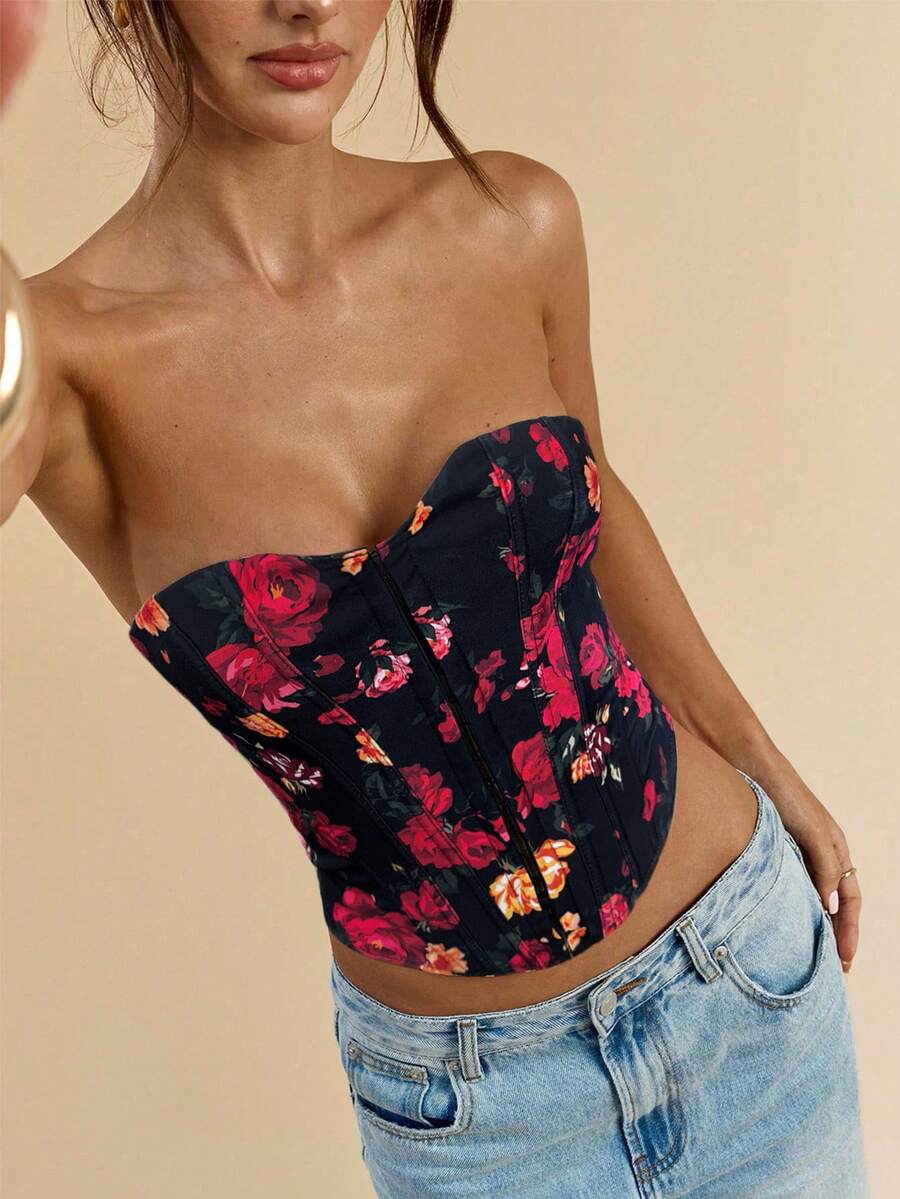 SHEIN BAE Áo hai dây ngắn họa tiết hoa Y2K dành cho nữ - màu đen - Xem 1