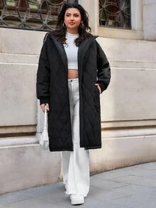 EURMUSE 大口袋长款连帽女士棉服外套，日常休闲，冬季女装，女士棉服外套 - 黑色 - 查看 3