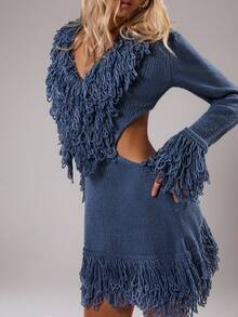 SHEIN TRNDY 1pc Women's Sweater Dress, Blue, Party Wear, V-Neck, Waist Hollow-Out Textured Knit Design, Elegant, All Season - Blue - View 6