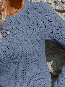 EMERY ROSE Vacation Casual Solid Color Hollow-Out Knit Sweater Everyday Dusty Blue Autumn - Dusty Blue - View 7