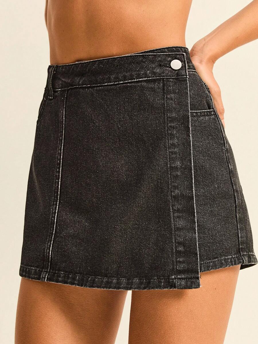 女式休闲裹身式水洗牛仔裙，夏季 - 黑色 - 查看 1