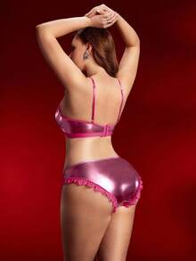 2pcs Coated Glossy Reflective Lace Patchwork Floral Lace Sexy Charming Sparkling Magenta Alluring Punk Club Outfit Party Music Festival Women Lingerie Set Plus Size Bra And Panty Set Plus Size Lingerie 2 Piece Set Curve Lingerie Set Underwire Lingerie Set Bra And Panty Set Curve