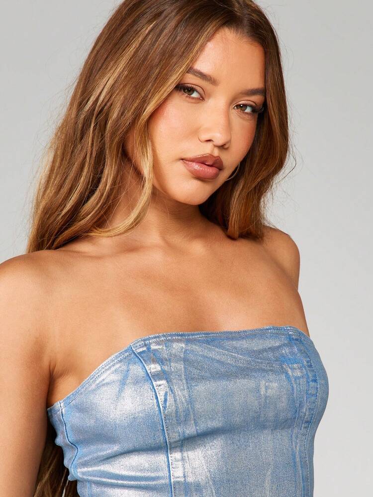 MISSGUIDED Metallic Shimmer Denim Bandeau Tube Top Festival Party Clubbing Crop Strapless Y2K Corset Style Bustier Silver Summer