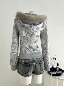 Elamini Damska szara, patchworkowa, futrzana bluza z kapturem i zamkiem błyskawicznym, luźny sweter na jesień/zimę, odpowiedni do noszenia na co dzień, do szkoły, na uroczystość ukończenia szkoły, na ulicę w stylu retro, do dojazdów do pracy, na czas wolny, do sportu i do domu