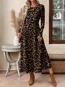 EMERY ROSE Vestido ajustado de cuello redondo de manga larga con estampado de leopardo para mujer, color marrón, otoño/invierno - Multicolor - Ver 6