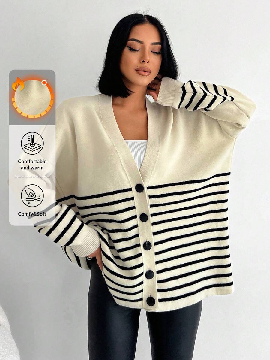 EURMUSE Striped Pattern Drop Shoulder Cardigan