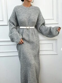 EURMUSE Round Neck Drop Shoulder Solid Color Knitted Sweater Dress - Grey - View 7