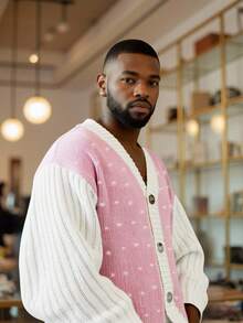 Manfinity Homme Manfinity Streetrush Men's Casual Daily Contrast Color Faux Pearl Decor Pink Button Front Cardigan, Autumn/Winter - Pink - View 1