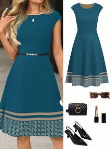 Ellevyn 优雅通勤极简印花拼布连衣裙，适合日常穿着