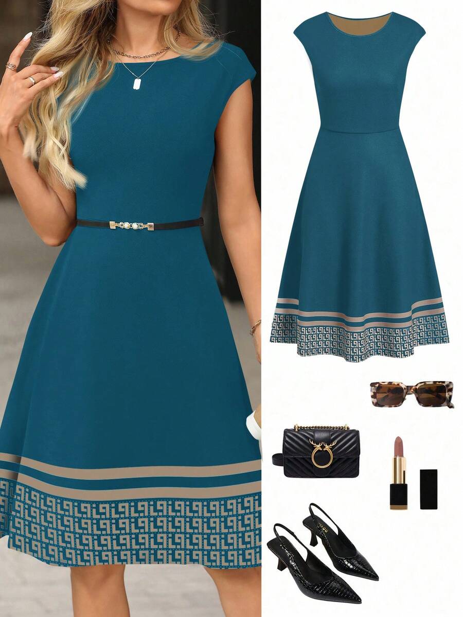 Ellevyn 优雅通勤极简印花拼布连衣裙，适合日常穿着