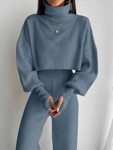 EURMUSE 2pcs Women Solid Color Lantern Sleeve Sweater And Knitted Long Pants Set,Petite,Winter Clothes - Baby Blue - View 6