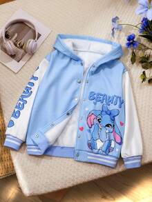 SHEIN Dziewczęca kurtka polarowa z kapturem, jednorzędowa, w swobodnym, sportowym stylu, z uroczym królikiem i nadrukiem liter, w kontrastowym kolorze, jesień/zima