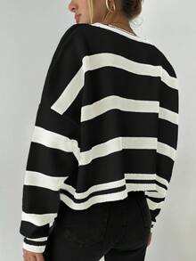 EURMUSE Women's Striped Drop Shoulder Sweater - Hitam dan Putih - View 2